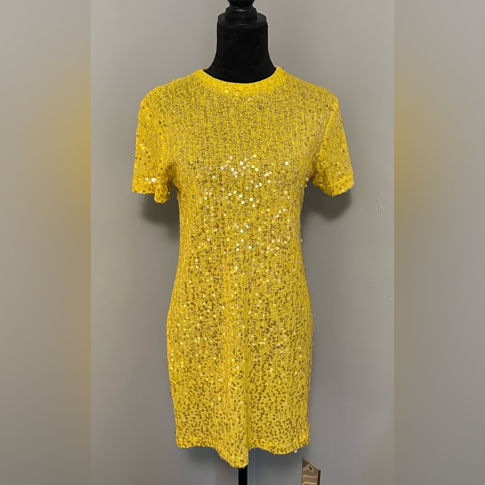 Michelle Farmer - Yellow Sequin Mini T-Shirt Dress - Sz S